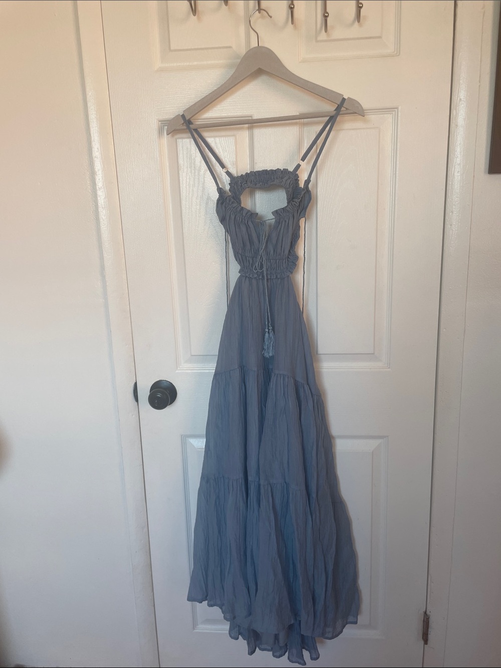 Blue Smocked Tiered Stretchy Maxi Dress with Spaghetti Straps